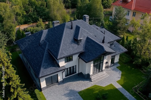Roof of the house made of bitumen roof shingles aerial view , ai