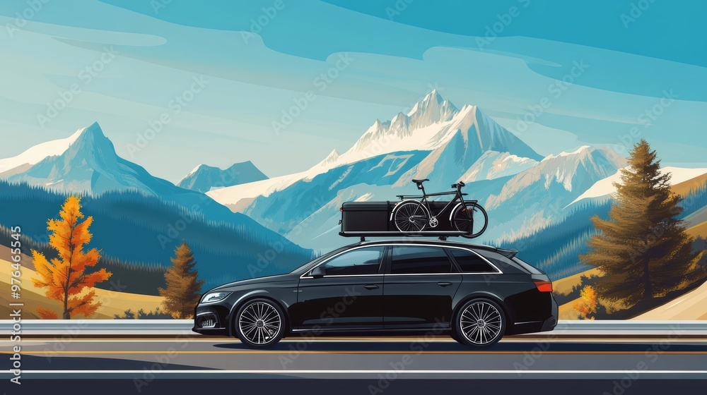 Naklejka premium Black car with roof luggage box and trunk bike rack driving on the highway. Beautiful mountain landscape background