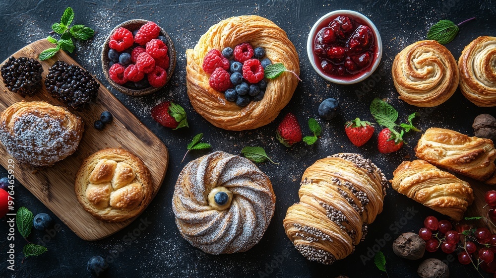 Delicious Pastry Assortment with Berries and Cherry Jam Delicious Pastry Assortment with Berries and Cherry Jam