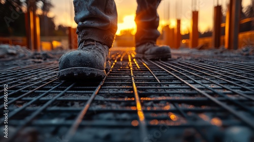 Close-up of a construction worker's boots on a steel framework during a sunset. The image captures the essence of building and hard labor.