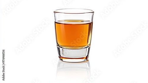 Close-up of a glass filled with amber-colored liquid on a white background. Ideal for beverage, alcohol, or bar-related themes.