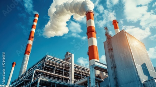 A large industrial plant with a lot of smoke coming out of it. The sky is blue with some clouds photo