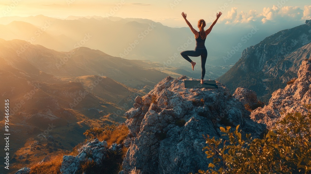Woman Practicing Yoga on Mountain Peak at Sunset Woman Practicing Yoga on Mountain Peak at Sunset