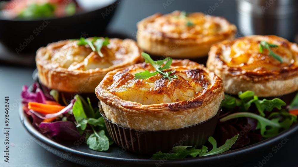 Selective focus view of the curry scallop pies with seasonal salad one of the most famous food in Tasmania. Baked from a traditional woodfired oven. Selective focus view of the curry scallop pies with seasonal salad one of the most famous food in Tasmania. Baked from a traditional woodfired oven.