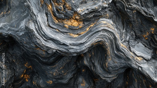 A detailed view of volcanic rock formations showing layers of lava and ash with evidence of deformation and cooling