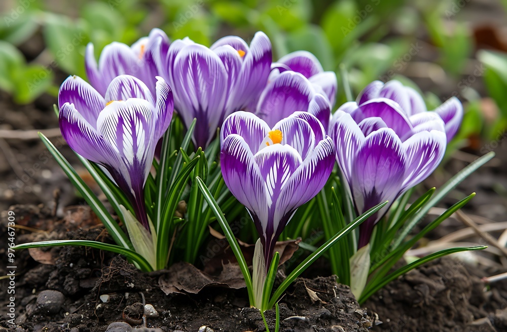 Purple flowers growing in the dirt of a leaf flower garden Purple flowers growing in the dirt of a leaf flower garden