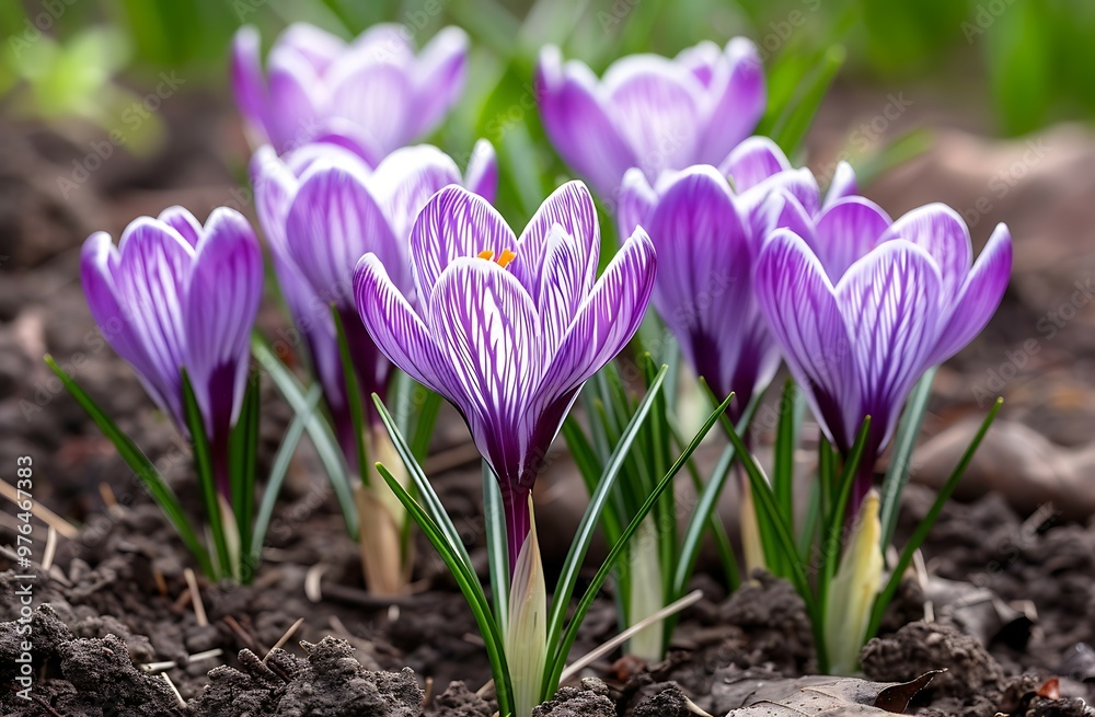 Purple flowers growing in the dirt of a leaf flower garden Purple flowers growing in the dirt of a leaf flower garden