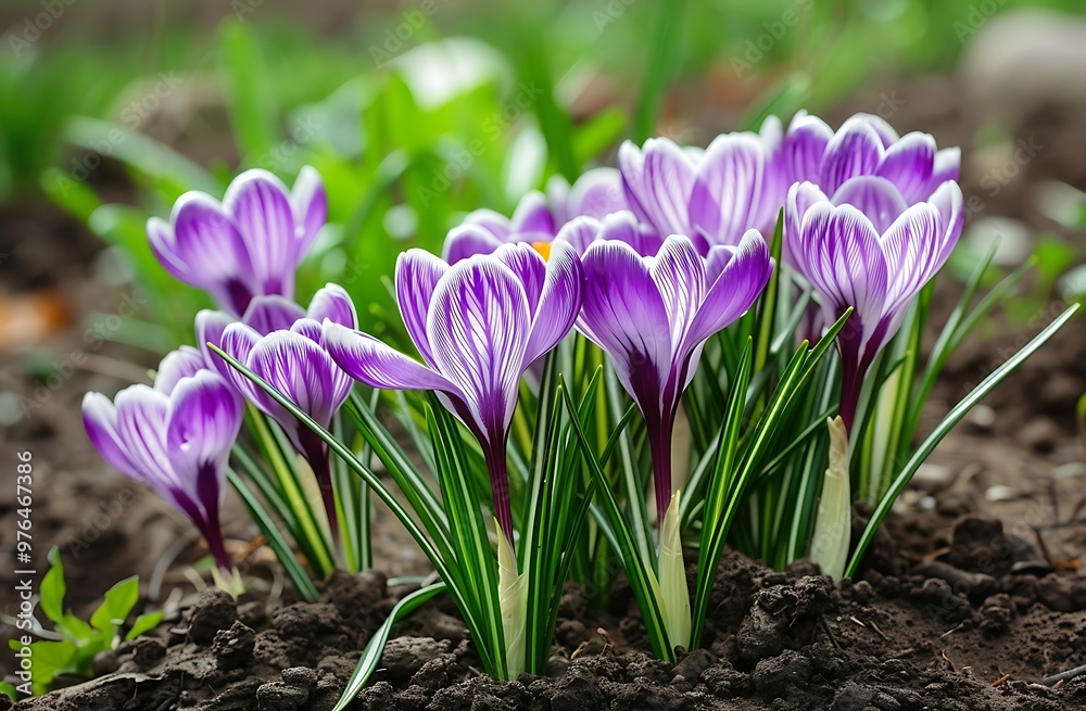 Purple flowers growing in the dirt of a leaf flower garden Purple flowers growing in the dirt of a leaf flower garden