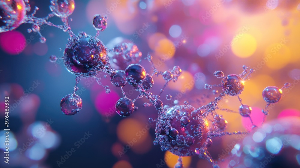 An abstract representation of molecular structures with bright colors and complex patterns An abstract representation of molecular structures with bright colors and complex patterns