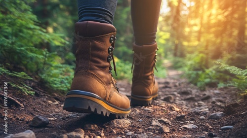 Hiking boot. Legs on mountain trail during trekking in forest. Leather ankle shoes