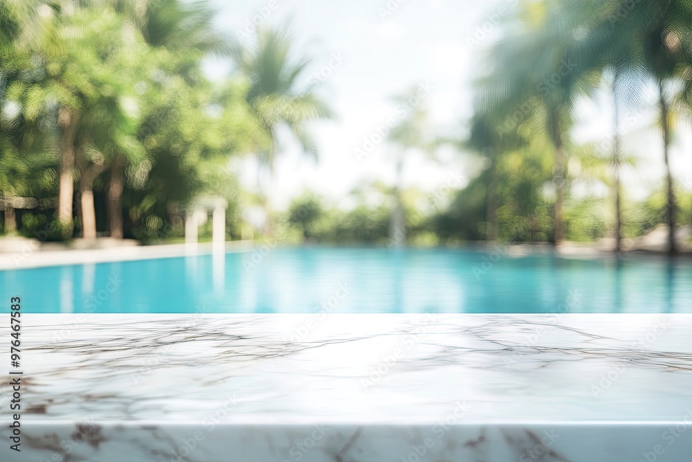 Fototapeta premium white marble top with blurred empty Swimming pool background can be used for mocking up or display product to make advertising , ai