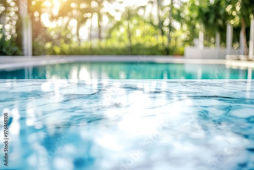 white marble top with blurred empty Swimming pool background can be used for mocking up or display product to make advertising , ai