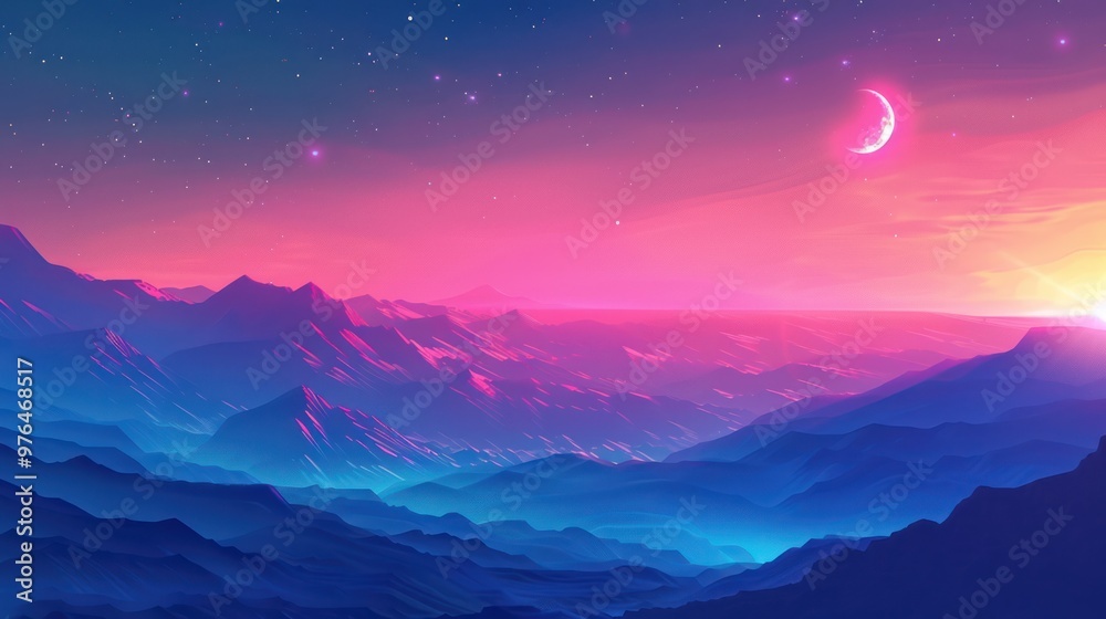 Fototapeta premium Pink and Blue Mountain Landscape with Crescent Moon