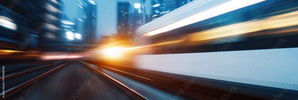 A high-speed train moving rapidly through an urban landscape at dusk, capturing the essence of modern transportation and city life with a sense of motion and progress. A high-speed train moving rapidly through an urban landscape at dusk, capturing the essence of modern transportation and city life with a sense of motion and progress.