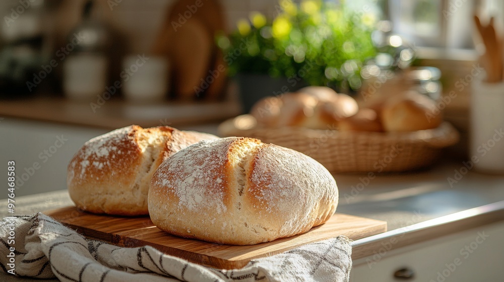 Freshly Baked Bread on a Wooden Cutting Board in a Kitchen Freshly Baked Bread on a Wooden Cutting Board in a Kitchen