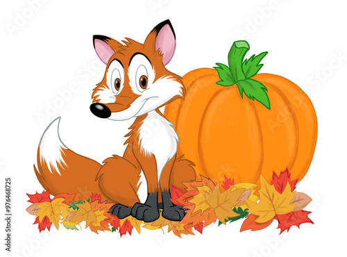 Autumn Fox sitting with a Pumpkin  in a pile of leaves