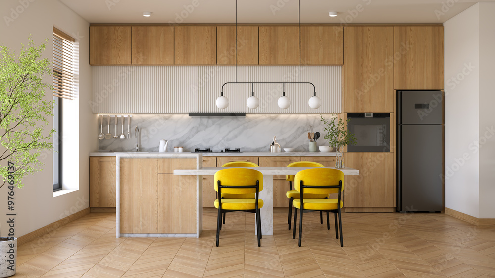 Modern scandinavian kitchen room interior, with wooden cabinets and contemporary dinning island with plants and wood floor.3d render Modern scandinavian kitchen room interior, with wooden cabinets and contemporary dinning island with plants and wood floor.3d render