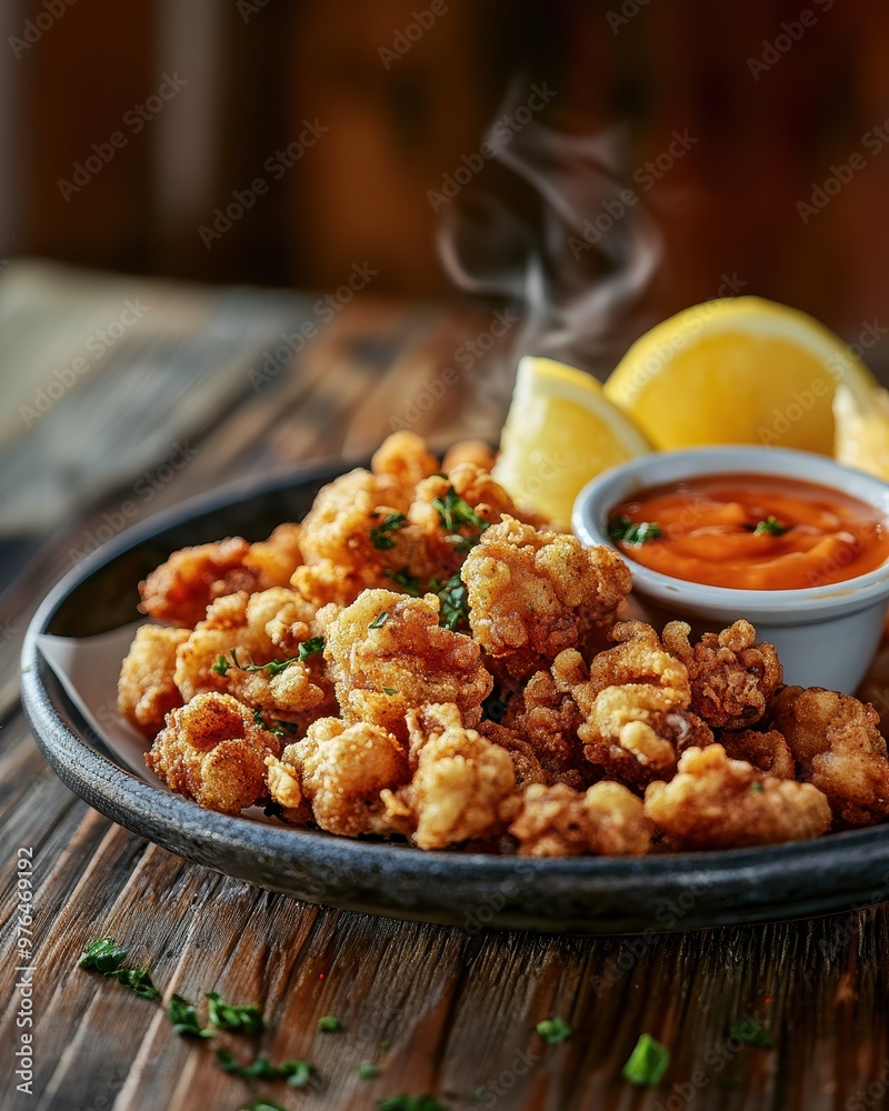 Crispy Deep-Fried Clams with Lemon and Sauce Crispy Deep-Fried Clams with Lemon and Sauce