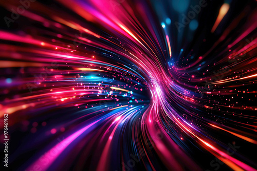 A dynamic, high-energy scene of light streaks and colorful particles forming a warp tunnel, representing the speed of light and space-time bending, evoking futuristic, sci-fi travel. photo