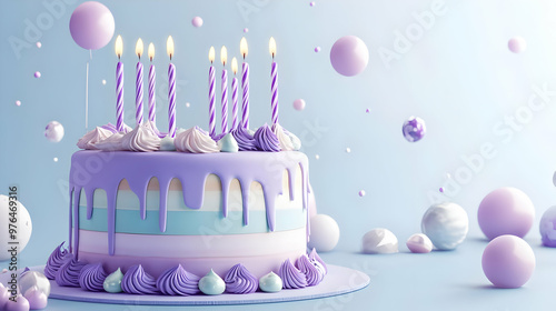 A beautifully decorated purple birthday cake with candles and colorful spheres, perfect for celebrations and festive occasions.