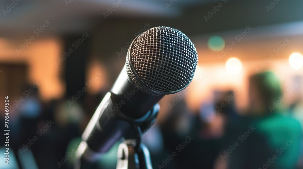 A close-up of a microphone and speaker setup at a professional event, with blurred audience in the background A close-up of a microphone and speaker setup at a professional event, with blurred audience in the background