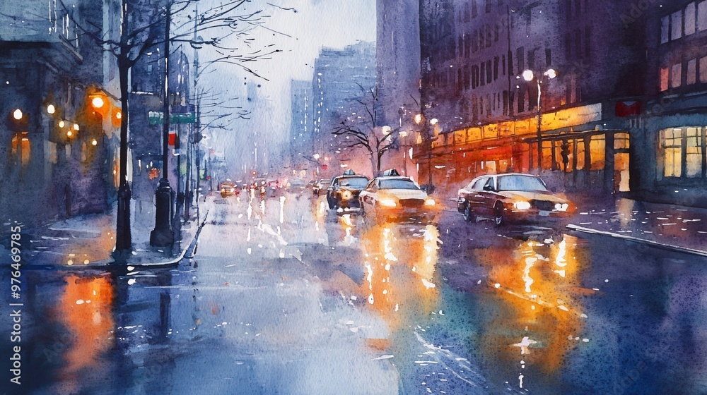 Watercolor painting of a city street at night with cars, streetlights, and reflections in the wet pavement. Watercolor painting of a city street at night with cars, streetlights, and reflections in the wet pavement.