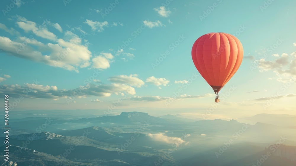 Obraz premium Red hot air balloon floating over mountainous landscape under clear blue sky