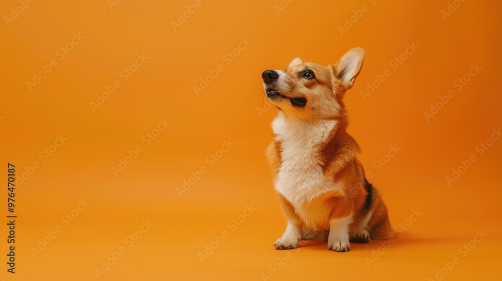 Small dog with ears perked up against orange background Small dog with ears perked up against orange background