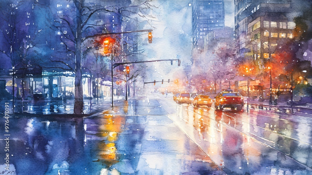 Watercolor painting of a city street at night with rain and ...