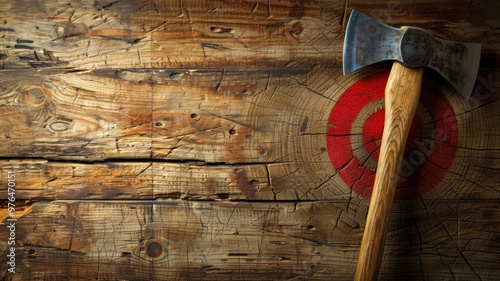 Axe with wooden handle targeting center of makeshift bullseye on rustic backdrop photo