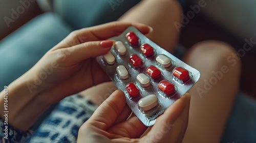 A close-up of hands holding a medication blister pack with red and white capsules, showcasing health and wellness themes. photo