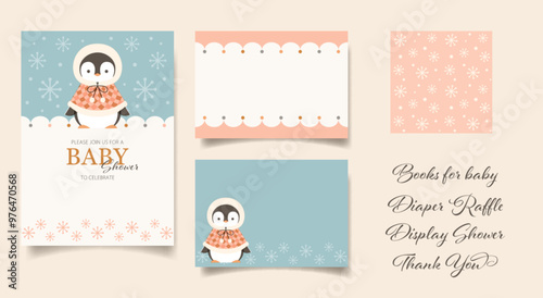 Set of winter Baby Shower invitation, insert card designs, and coordinated seamless pattern featuring adorable baby penguin and snowflakes.