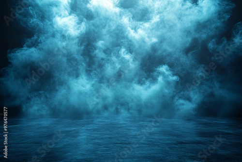 Ethereal mist swirling in a dark, expansive space with a cool, glowing blue hue. Perfect for fantasy or abstract themes, product placement, and creating a mysterious atmosphere.