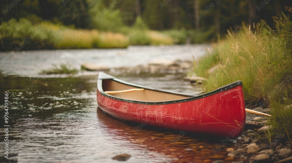 Red canoe rests on rocky river shore amidst lush greenery Red canoe rests on rocky river shore amidst lush greenery