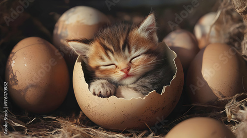 A cute kitten napping in a cracked eggshell, surrounded by other eggs, capturing the essence of warmth and innocence. photo