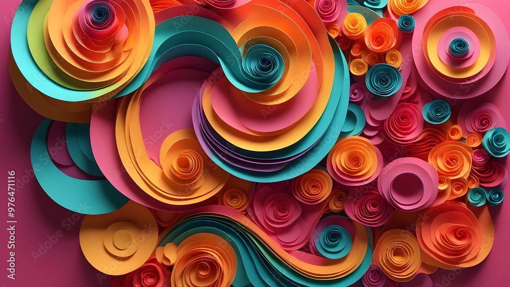 Abstract colorful paper flowers and swirls on a pink background. Abstract colorful paper flowers and swirls on a pink background.
