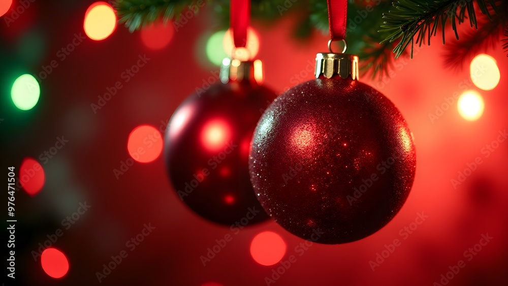 Red Christmas baubles on a tree with glowing bokeh lights in the background Red Christmas baubles on a tree with glowing bokeh lights in the background