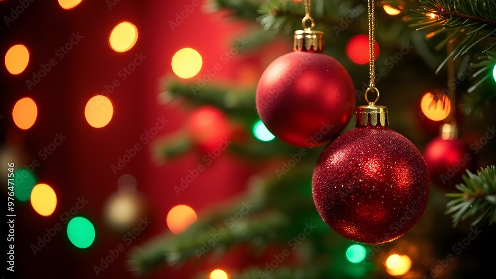 Red Christmas baubles on a tree with glowing bokeh lights in the background Red Christmas baubles on a tree with glowing bokeh lights in the background