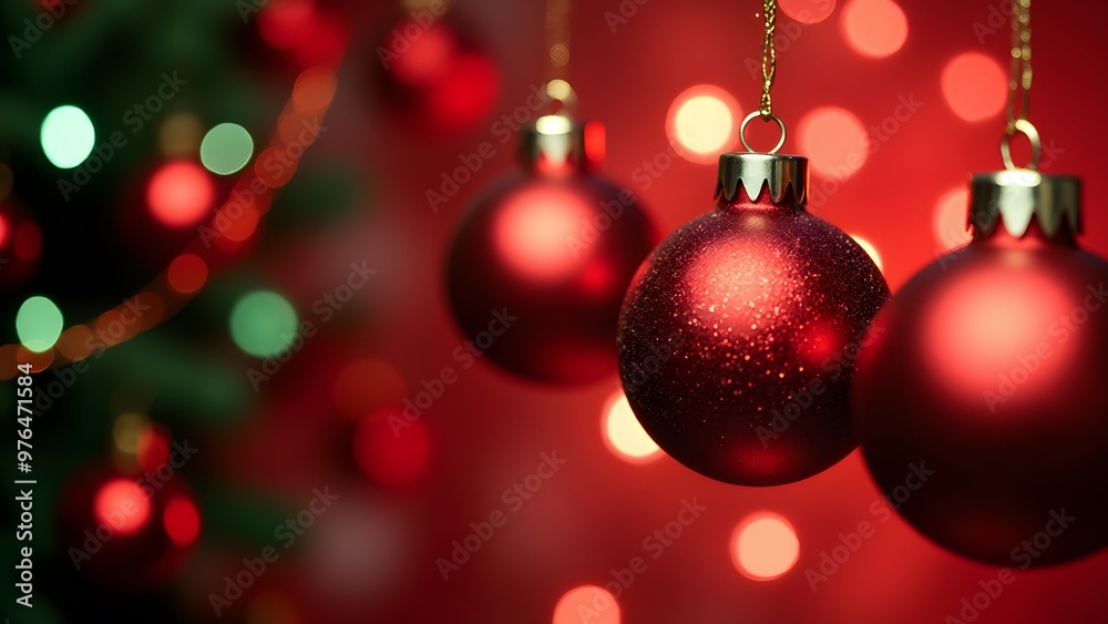 Red Christmas baubles on a tree with glowing bokeh lights in the background Red Christmas baubles on a tree with glowing bokeh lights in the background