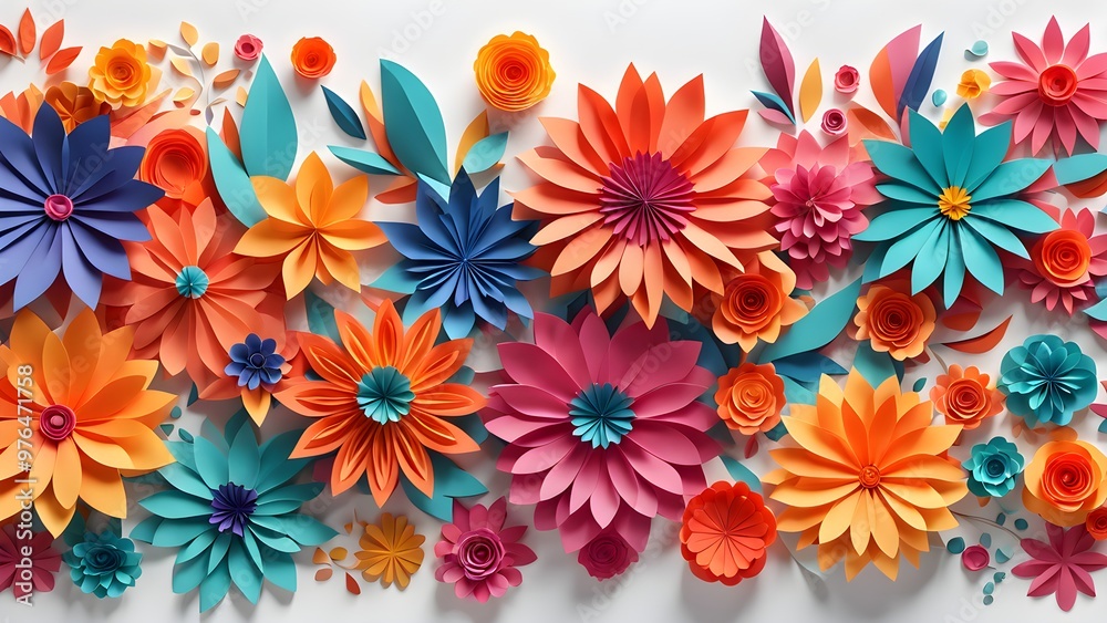 A colorful arrangement of paper flowers in various sizes and shapes on a white background. A colorful arrangement of paper flowers in various sizes and shapes on a white background.