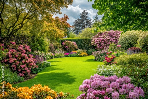 Beautiful spring garden. The green lawn emphasizes the blooming flowers in the garden. A diverse spectrum of colorful flowers, panoramic views of natural beauty , ai