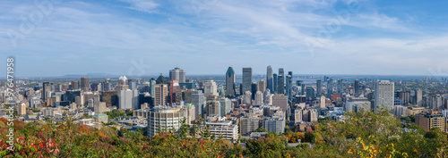 Downtown Montreal city skyline panorama in autumn sunny day. Montreal, Quebec, Canada. View from the Kondiaronk lookout, Mount Royal. photo