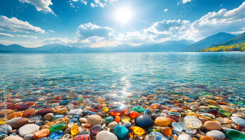 The sea is full of colorful pebbles, and the pebble beach on both sides is covered with many colored glass stones