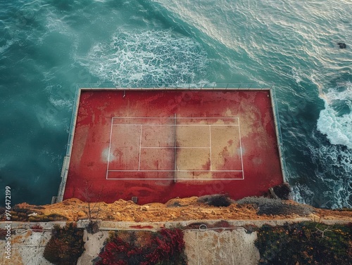 Aerial view of a tennis court by the ocean, showcasing nature's beautiful contrast with vibrant colors and serene waves. photo