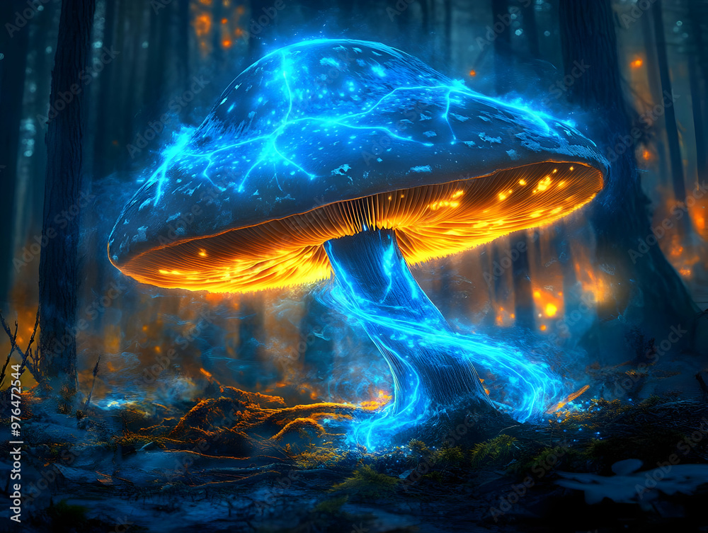 Fototapeta premium A luminous mushroom glows in the forest, illuminated by electric blue and orange lights, creating a magical and mystical atmosphere.