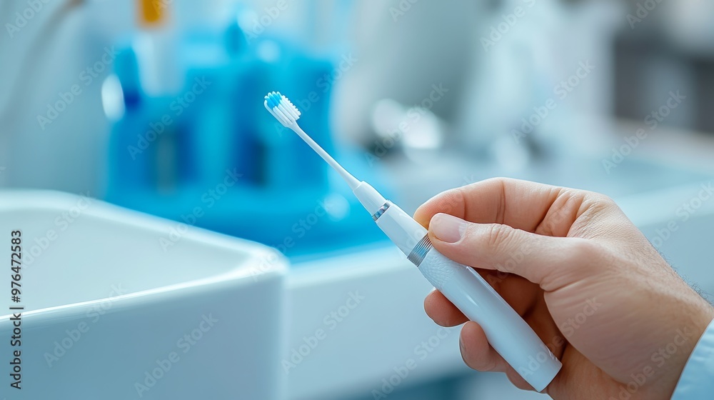 Mans hand holds the handle of oral irrigator with an individual toothbrush. Side nozzles for tongue delicate cleansing sensitive gums. Dentists recommend taking care of teeth cavity irrigator. Mans hand holds the handle of oral irrigator with an individual toothbrush. Side nozzles for tongue delicate cleansing sensitive gums. Dentists recommend taking care of teeth cavity irrigator.
