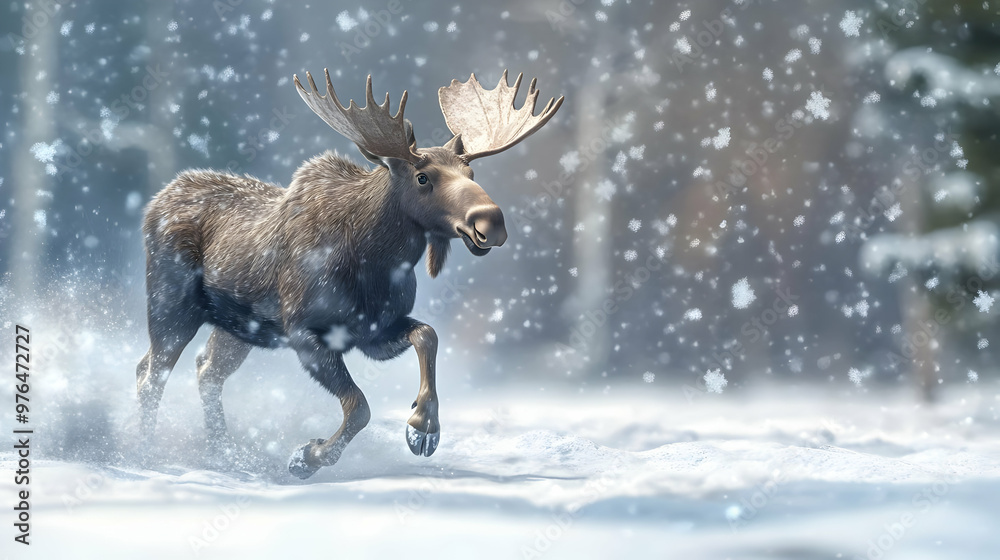 A majestic moose roams through a snowy landscape, showcasing the beauty of wildlife in winter's embrace.