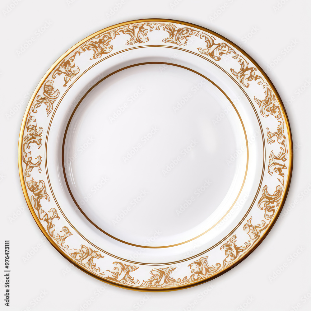 Empty Fancy Gold Rimmed White Plate Isolated on a Transparent Background Empty Fancy Gold Rimmed White Plate Isolated on a Transparent Background