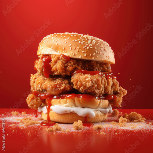 Puled Pork Sandwich on a Red Background with Space for Copy photo