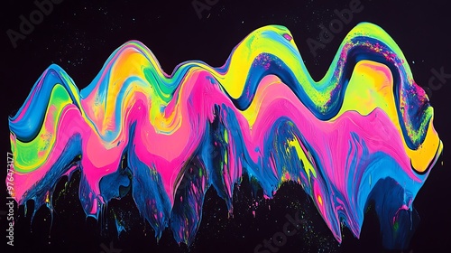 Abstract Swirls of Vibrant Yellow, Pink, Blue, and Green Paint on Black Background photo